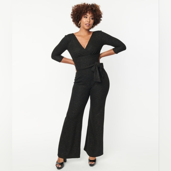 Unique Vintage Black Marled Knit Sparkle Gloria Jumpsuit L NWOT - Picture 1 of 8